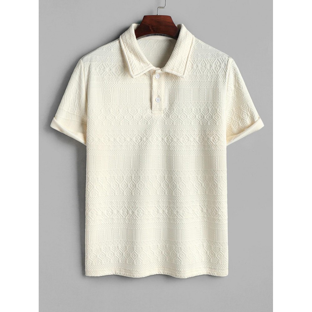 Geometric Jacquard Textured Quarter Button Polo Collared Short Sleeves T Shirt